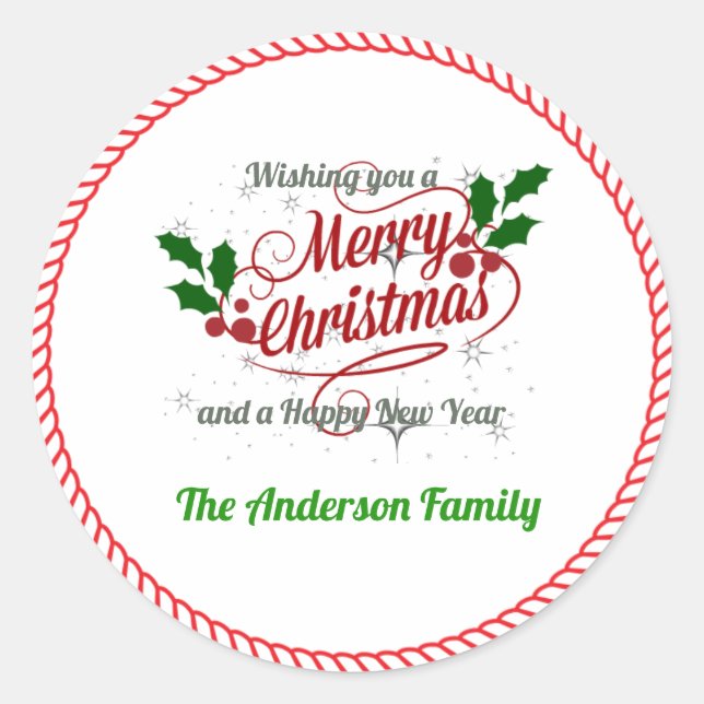 Merry Christmas Greetings Template, customize Classic Round Sticker (Front)