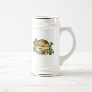 Merry Christmas Greetings Vintage Village Scene Beer Stein