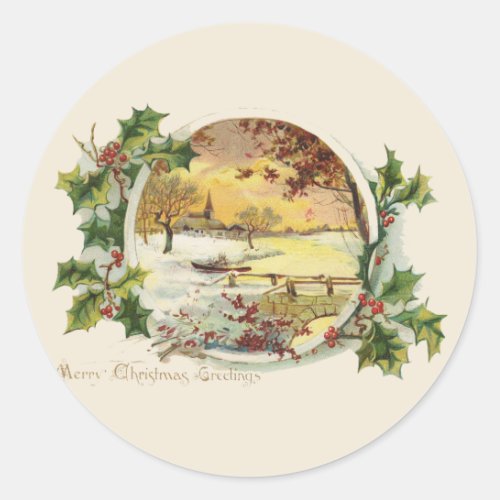 Merry Christmas Greetings Vintage Village Scene Classic Round Sticker