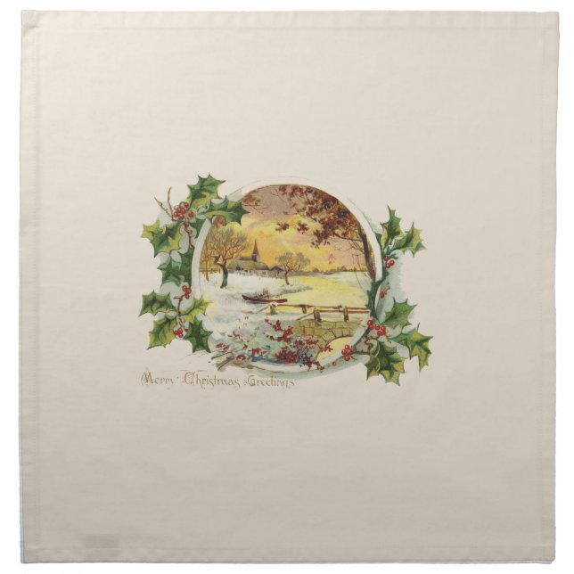 Merry Christmas Greetings Vintage Village Scene Cloth Napkin (Front)