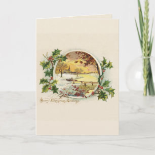 Merry Christmas Greetings Vintage Village Scene Holiday Card