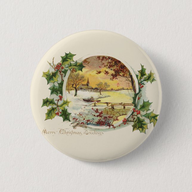 Merry Christmas Greetings Vintage Village Scene Pinback Button (Front)