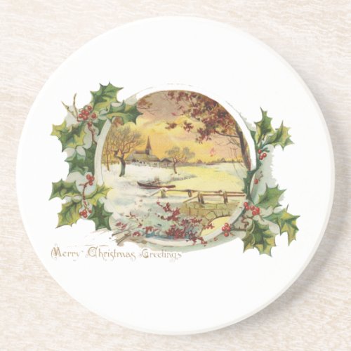 Merry Christmas Greetings Vintage Village Scene Sandstone Coaster