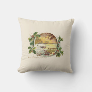 Merry Christmas Greetings Vintage Village Scene Throw Pillow