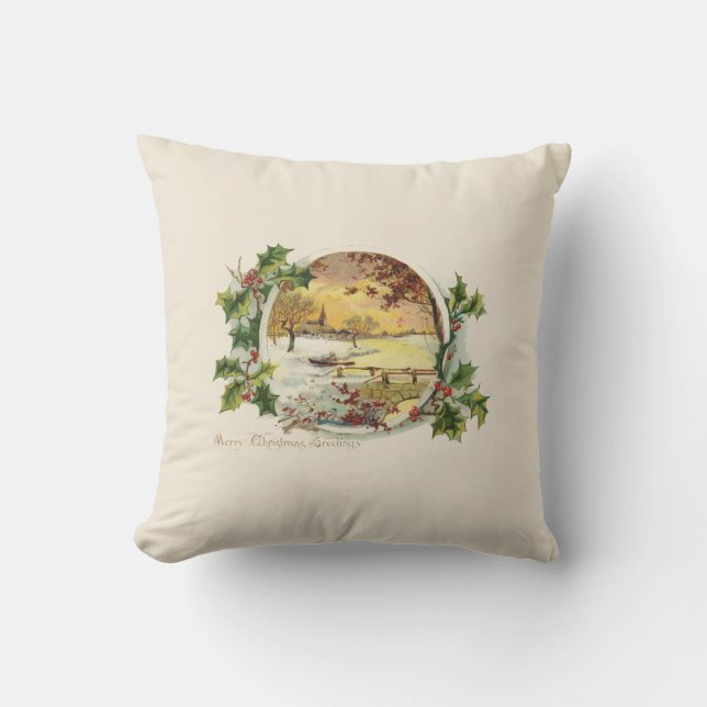 Merry Christmas Greetings Vintage Village Scene Throw Pillow (Front)