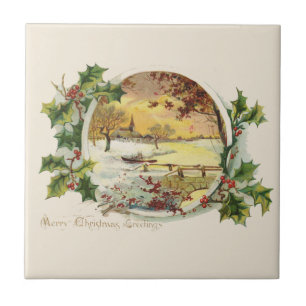 Merry Christmas Greetings Vintage Village Scene Tile