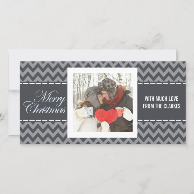 Merry Christmas Grey Chevron Photo Greeting Card (Front)
