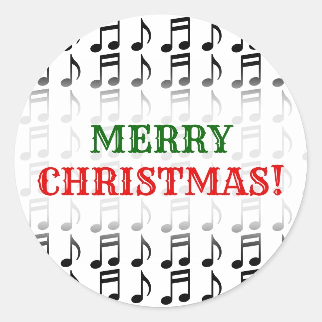"Merry Christmas!" + Grid of Musical Notes Classic Round Sticker (Front)