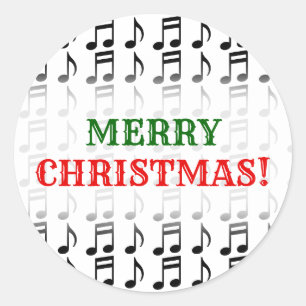 "Merry Christmas!" + Grid of Musical Notes Classic Round Sticker
