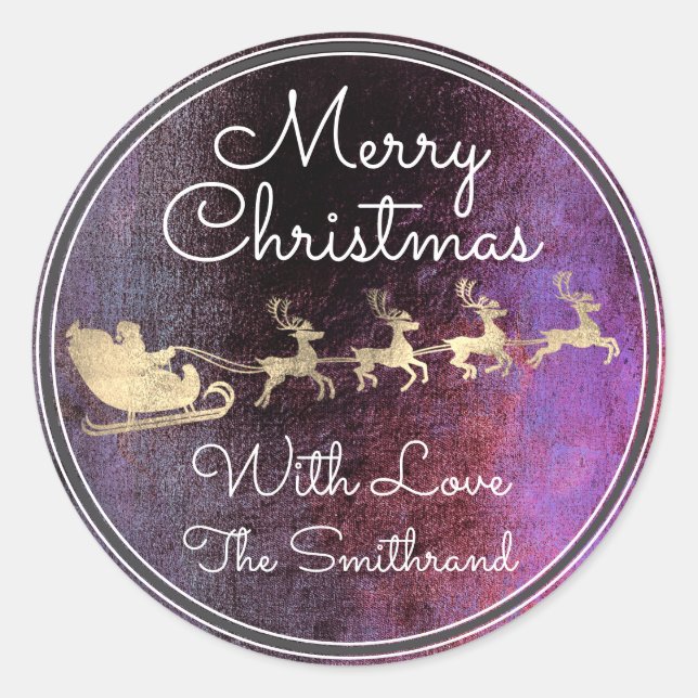 Merry Christmas Grunge Gold Santa Reindeer Sleight Classic Round Sticker (Front)