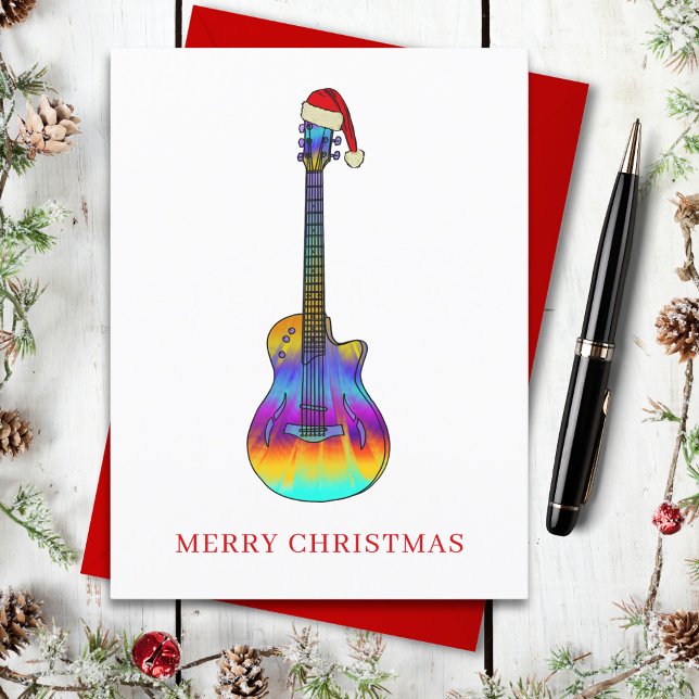 Merry Christmas Guitar Colorful  Holiday Postcard (Christmas guitar wearing a santa hat holiday greetings postcard )