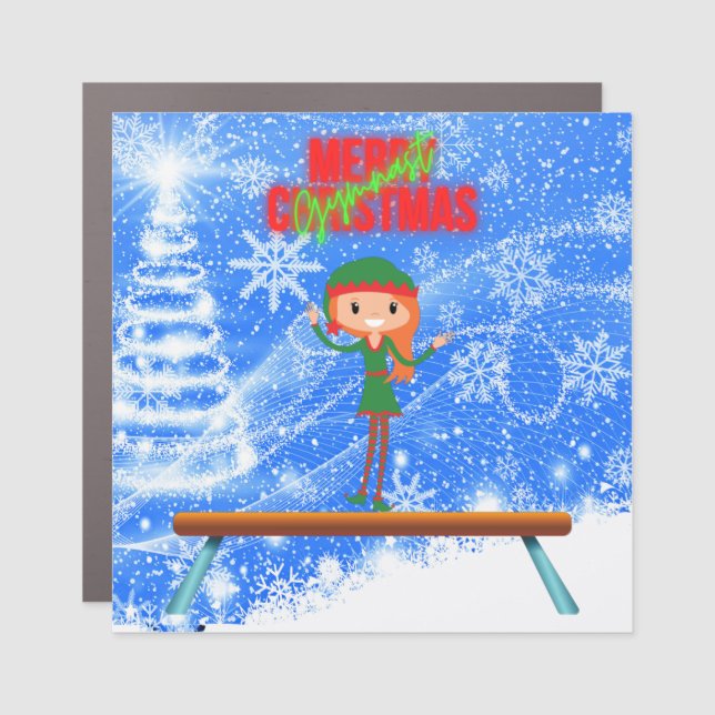 Merry Christmas Gymnast Elf Car Magnet (Front)