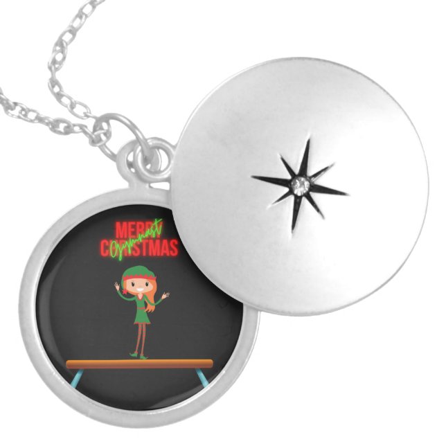 Merry Christmas Gymnast Elf Locket Necklace (Front)