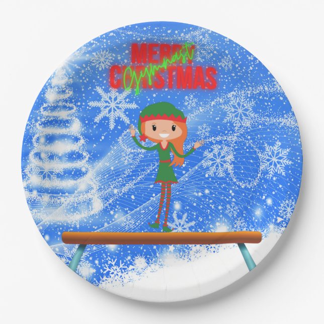 Merry Christmas Gymnast Elf Paper Plates (Front)