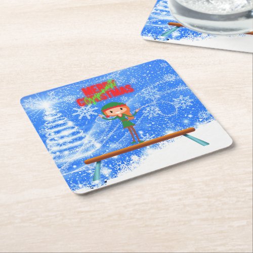 Merry Christmas Gymnast Elf Square Paper Coaster