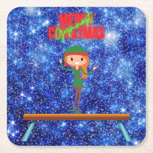Merry Christmas Gymnast Elf Square Paper Coaster