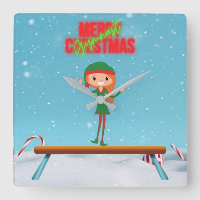 Merry Christmas Gymnast Elf Square Wall Clock (Front)