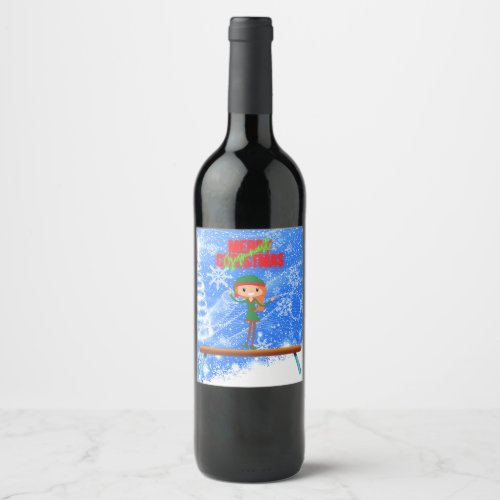 Merry Christmas Gymnast Elf Wine Label