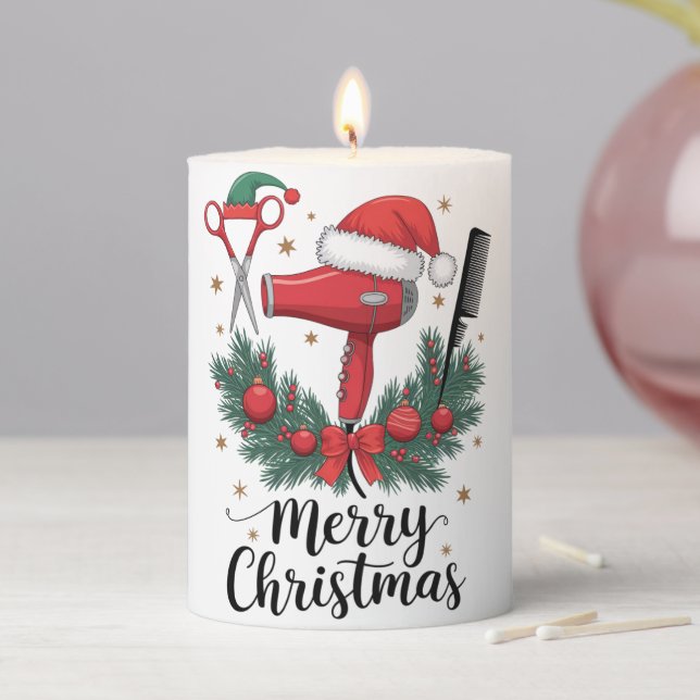Merry Christmas Hairstylist Hairdresser Xmas Hair  Pillar Candle (In Situ)