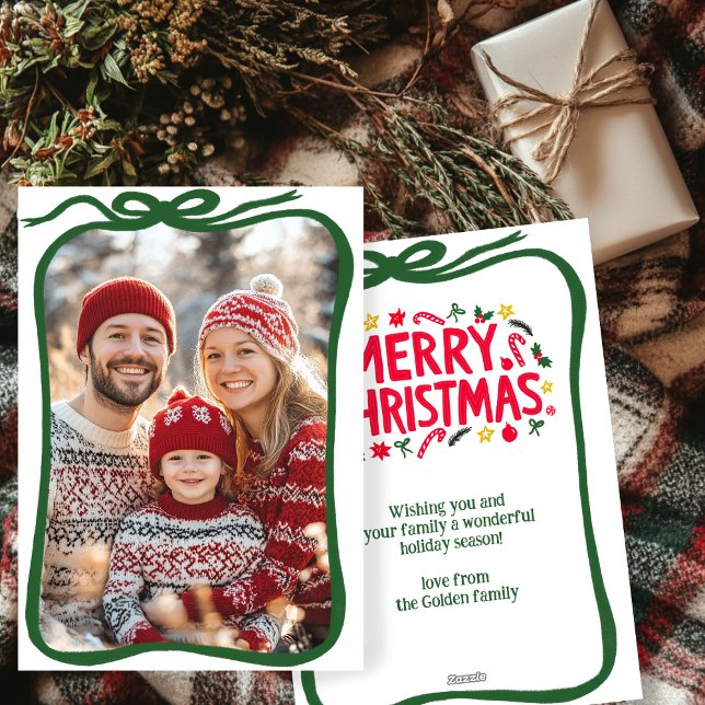 Merry Christmas Hand-Drawn CUSTOM PHOTO  Holiday Card (Merry Christmas Hand-Drawn Bow Frame CUSTOM PHOTO Holiday Card
)