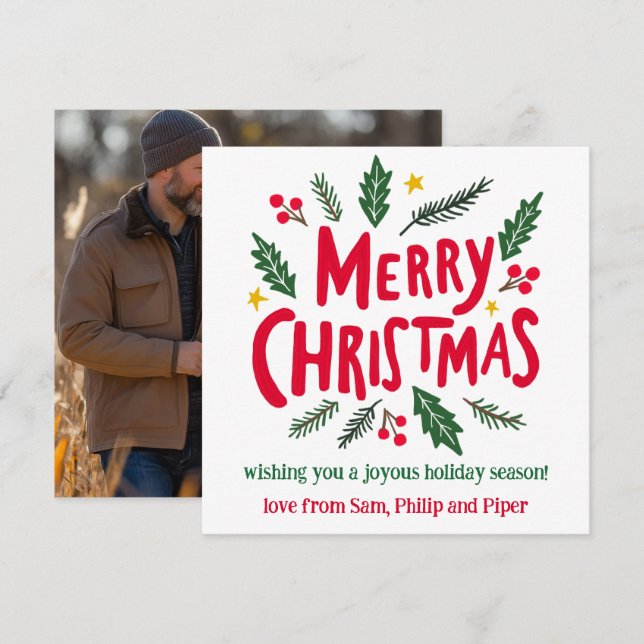 MERRY CHRISTMAS Hand-Drawn CUSTOM PHOTO  Holiday Card (Front/Back)