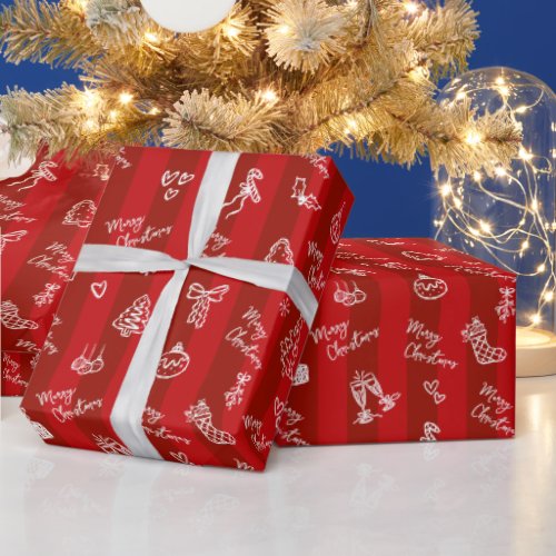 Merry Christmas Hand Drawn Doodle on Red Stripes Wrapping Paper