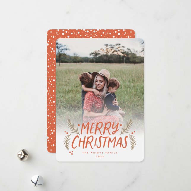Merry Christmas Hand drawn Pine Berries Red Photo  Holiday Card (Front/Back In Situ)
