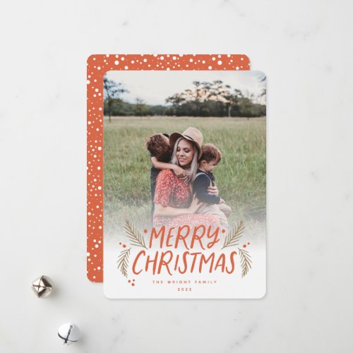 Merry Christmas Hand drawn Pine Berries Red Photo  Holiday Card