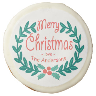 MERRY CHRISTMAS HAND-DRAWN WREATH SUGAR COOKIE