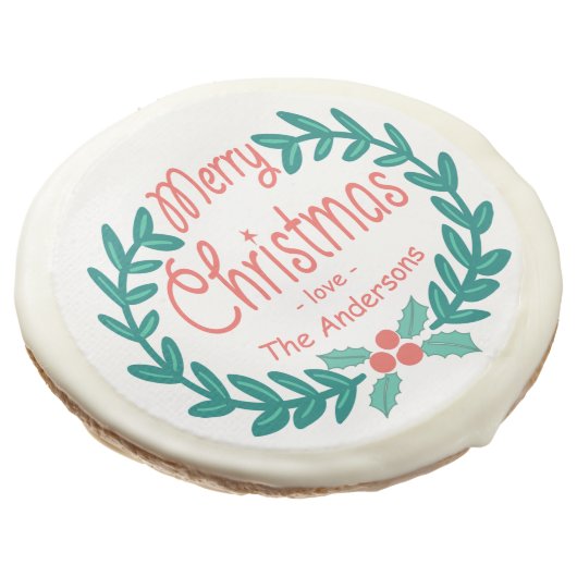 MERRY CHRISTMAS HAND-DRAWN WREATH SUGAR COOKIE (Angled)