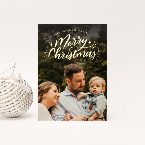 Merry Christmas Hand_Lettered Photo Foil Holiday Card