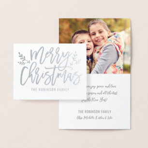 Merry Christmas Hand Lettered Photo Silver Foil Card
