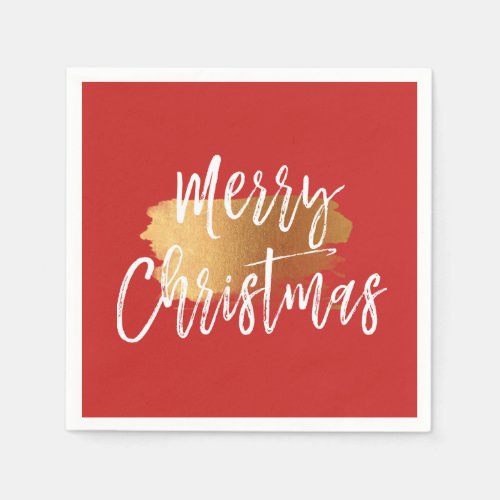Merry Christmas Hand Lettered Script with Gold Paper Napkins