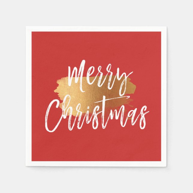 Merry Christmas Hand Lettered Script with Gold Paper Napkins (Front)