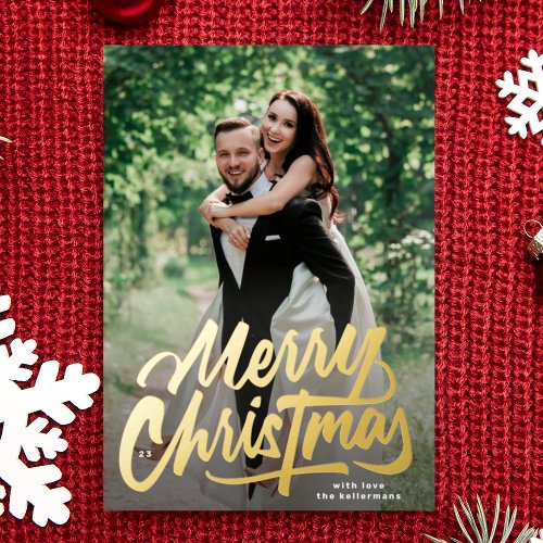 Merry Christmas Hand written photo collage Gold Foil Holiday Card