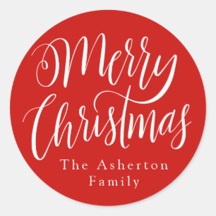 Merry Christmas handlettered personalized red gift Classic Round Sticker