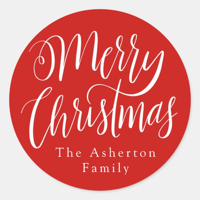 Merry Christmas handlettered personalized red gift Classic Round Sticker (Front)