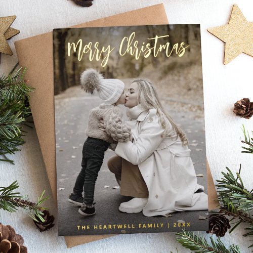 Merry Christmas Handwriting Script Photo Gold Foil Holiday Card
