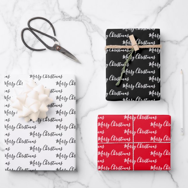 Merry Christmas  Handwriting White Black Red Wrapping Paper Sheets (Front)