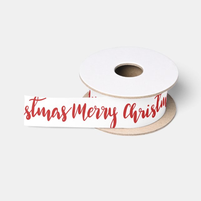 Merry Christmas Handwritten Red Script Holiday Satin Ribbon (Spool)