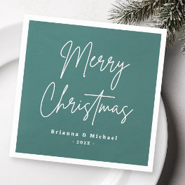 Merry Christmas handwritten script name pine green Napkins