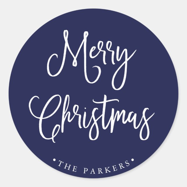 Merry Christmas | Handwritten Script on Navy Blue Classic Round Sticker (Front)