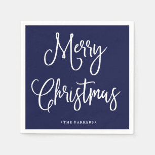 Merry Christmas Handwritten Script on Navy Blue Napkins