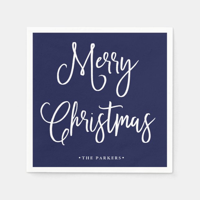 Merry Christmas | Handwritten Script on Navy Blue Napkins (Front)