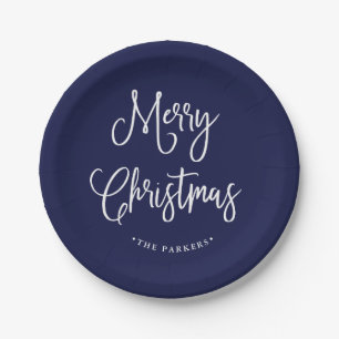 Merry Christmas Handwritten Script on Navy Blue Paper Plates
