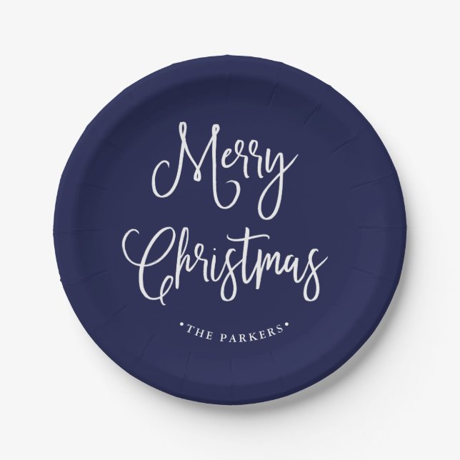 Merry Christmas | Handwritten Script on Navy Blue Paper Plates (Front)