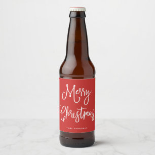 Merry Christmas Handwritten Script on Red Beer Bottle Label