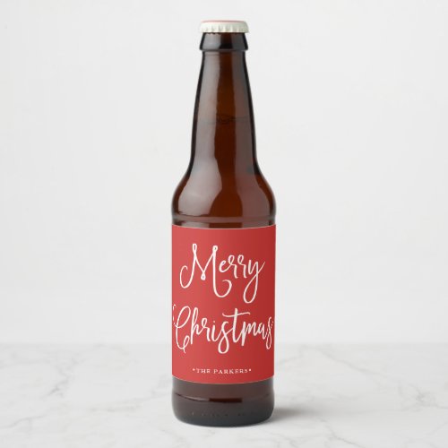 Merry Christmas  Handwritten Script on Red Beer Bottle Label