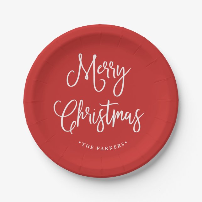 Merry Christmas | Handwritten Script on Red Paper Plates (Front)