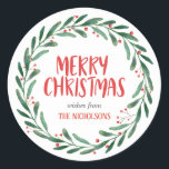 Merry Christmas Handwritten Script | Wreath Classic Round Sticker<br><div class="desc">Merry Christmas Handwritten Script | Wreath</div>